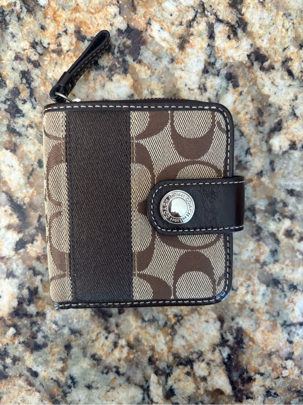 Coach Brown Signature Canvas Zip Wallet with Dark Trim